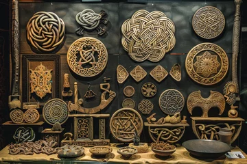  A collection of wooden carvings with various designs and shapes © mila103