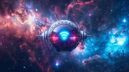 Space capsule with WiFi icon, exploring cosmic depths, - obrazy, fototapety, plakaty