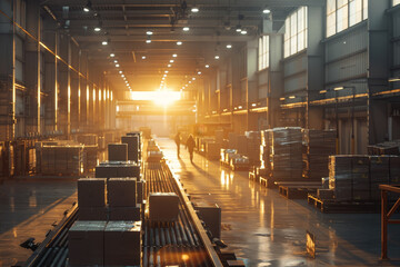 Fototapeta premium A warehouse with a lot of boxes and a person walking through it
