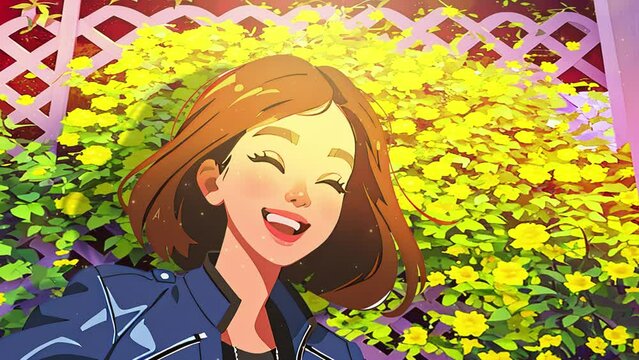 Short haired girl posing next to a fence of bright yellow flowers. Anime style, lofi aesthetic