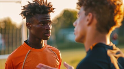 Football physical health and workout as a young man issues a warning to a player in an outdoor match - obrazy, fototapety, plakaty