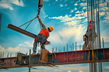 A construction worker is lifting a beam with a crane