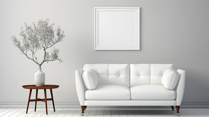 Chic Minimalism: Elegant White Sofa, Wooden Side Table, and Monochrome Olive Tree