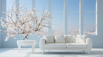 Winter Whiteness: Pristine Sofa, Blossoming Cherry Branches, and Snowy Vista