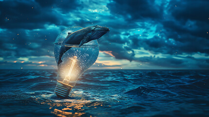 Surreal night with a blue whale inside a water-filled light bulb, - obrazy, fototapety, plakaty