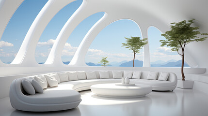 Futuristic Elegance: Curved White Sofa in a Sleek Modern Interior Overlooking a Serene Seascape