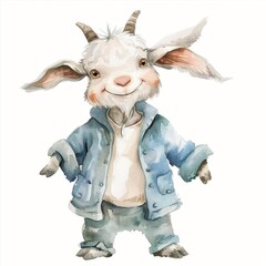 A cartoon goat wearing a blue jean jacket and pants.