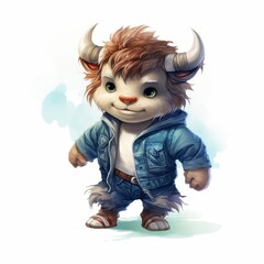 A cartoon baby minotaur wearing a jean jacket and sandals