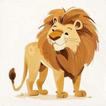 A cartoon lion with a big mane is standing on the ground. The lion is smiling.