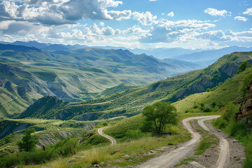 Fototapeta na wymiar A mountain range with a winding road that leads to the top