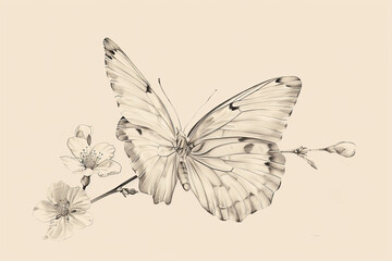 Fototapeta na wymiar A black and white drawing of a butterfly with a black and white pen