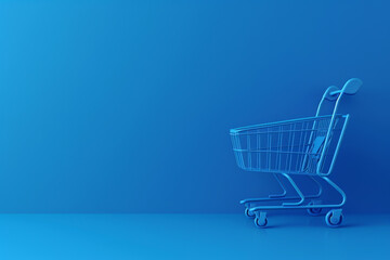 A blue shopping cart is sitting on a blue wall