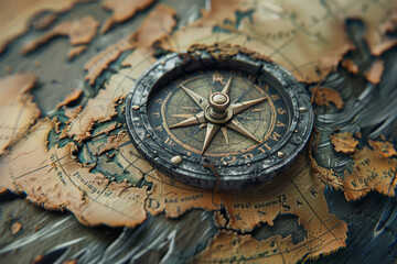 Fototapeta na wymiar A compass is on a map of the world