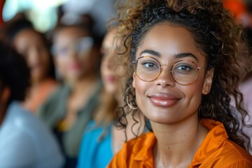Smiling young woman with glasses and curly hair at an educational or professional event with peers in the background.