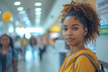 A young woman with curly hair waits attentively in a crowded airport terminal, displaying calm amidst the hustle.