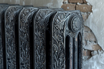 A black radiator with intricate designs on it