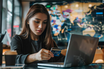 Fototapeta premium A woman is using a laptop to pay for something with a credit card