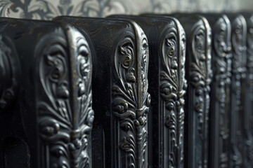 A black radiator with intricate designs on it