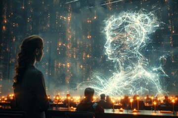 A woman observing a holographic art installation, representing AI's influence on future culture.