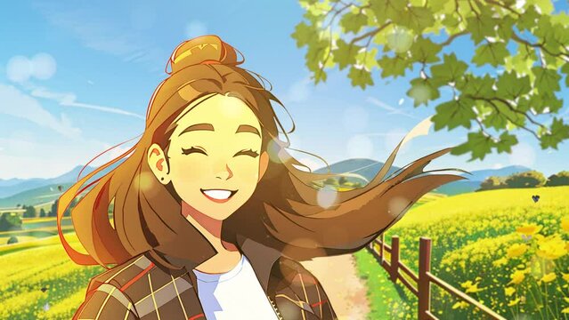 Happy girl smiling brightly on a country road filled with flowers and sunshine. Animated 2D cartoon