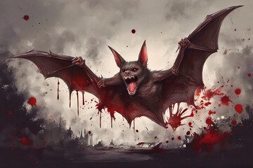 A huge scary bat with wings spread, blood spatter art. - obrazy, fototapety, plakaty