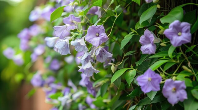 Garlic Vine or Mansoa alliacea planted in a residential garden showcases light purple blooms that emit a garlic scented aroma when freshly blossomed