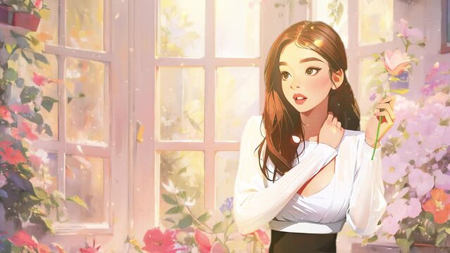 Luxurious girl enjoying the summer sunshine with flowers. Animated 2D cartoon