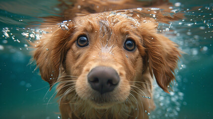 A beautiful golden retriever puppy swims under water - obrazy, fototapety, plakaty
