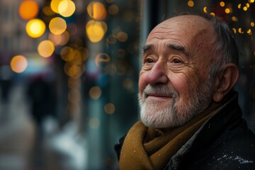 Portrait of an old man in the city at Christmas time.