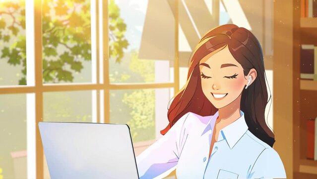 Happy girl at her desk in the spring sunshine.  Animated 2D cartoon, lofi