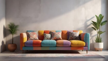modern living room with colorful sofa