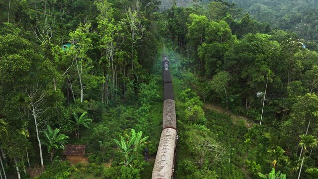 Drone following a train passing through remote jungles of cloudy Sri Lanka