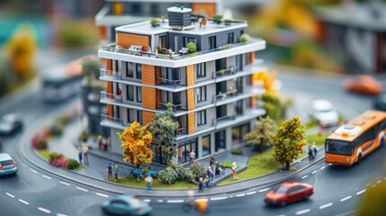 A miniature modern condo building model surrounded by miniature cars and pedestrians, depicting a...