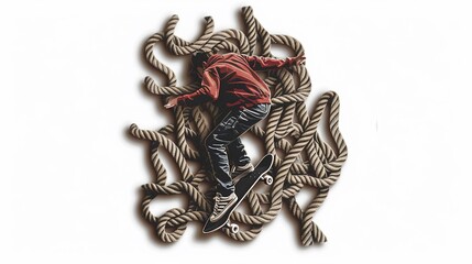 Sleepy yet daring, a sticker of a skateboarder navigating through a maze of knotted ropes, on a solid color background, evoking a sense of adventure and challenge, 