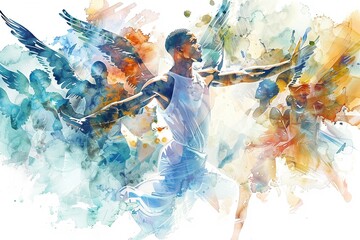 The spirit of a champion, captured from multiple perspectives with angels, illustrated in watercolor on a white background, symbolizing victorys many facets, 
