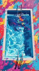 Top view of a swimming pool rendered in wildstyle graffiti, the vivid colors and patterns evoking the energy of summer on a bright background, 