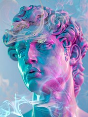 A digital art depiction of a face sculpture with vibrant purple and blue hues immersed in dynamic smoke