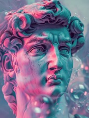 A creatively edited photo of a classic statue with a colorful and modern bubble overlay effect