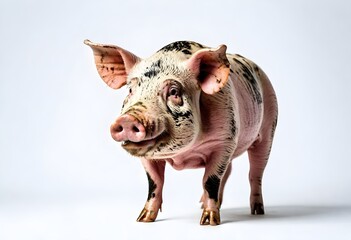 A pink pig with black spots standing against a light white background