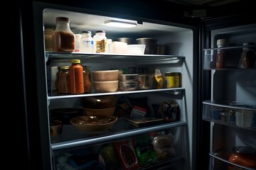 Refrigerator full of food, vegetables and fruits. Refrigerator interior.
