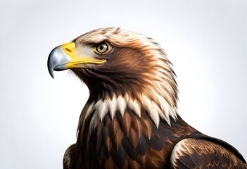Close-up of a bald eagle's head with detailed feathers, a sharp yellow beak against a plain light background