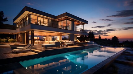 Modern Luxury House With Private Swimming Pool At Dusk 