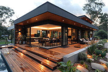 Modern, high-end Australian architectural house with a wooden deck and plants, large open plan living room leading to the dining area that has sliding doors. Created with Ai - obrazy, fototapety, plakaty