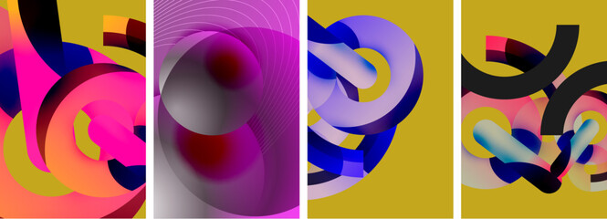 A vibrant collage featuring four colorful images with a yellow background. The images include shades of purple, violet, magenta, and electric blue, in various shapes like rectangles and circles