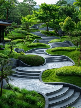 The image showcases a winding path in a lush green garden with symmetrical patterned design, imbuing tranquility and artistry