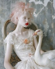 Woman in a white embroidered dress looks aside, cradling a goose, regal and dreamlike