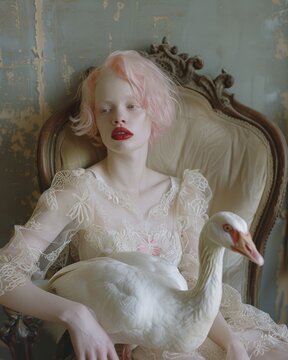 Portrait of a pale woman with pink hair and bright red lips sitting with a goose