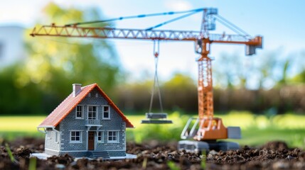 A small house model with a miniature construction crane in the background, portraying ongoing development in the housing market. 