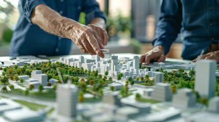 Fototapeta premium A close-up shot of an elder's hand pointing at a green urban scale model with precision and detail