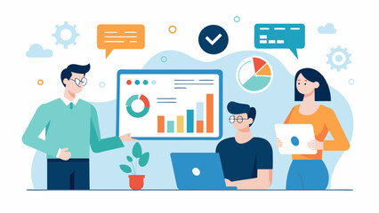 Vector illustration of business team analytics and monitoring on web report dashboard monitor concept. Data analytics research for business finance planning concept illustration flat style vector desi